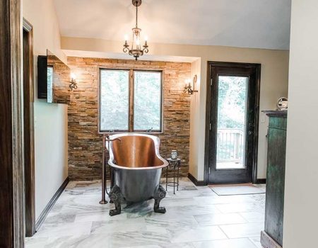 After - Free-standing Copper Bathtub & Stacked Stone Accent Wall